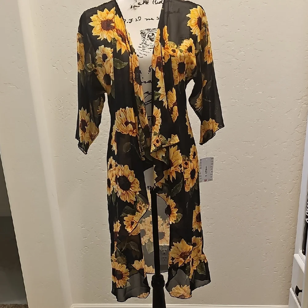 Floral Sheer Kimono with Sunflower Print - Picture 1 of 3